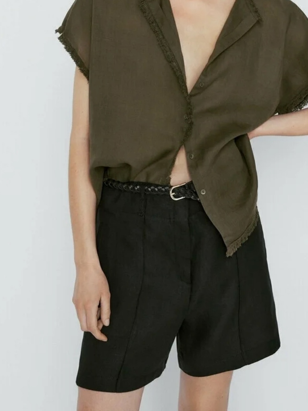 Massimo Dutti dark olive green Frayed edge Short-Sleeve Button Down Top